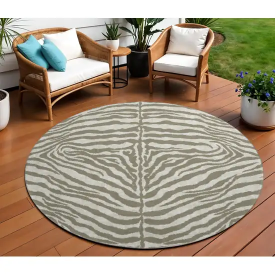 8' Taupe And Ivory Round Zebra Print Washable Indoor Outdoor Area Rug Photo 1