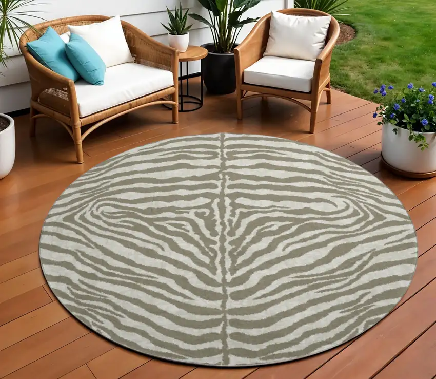 8' Taupe And Ivory Round Zebra Print Washable Indoor Outdoor Area Rug Photo 1