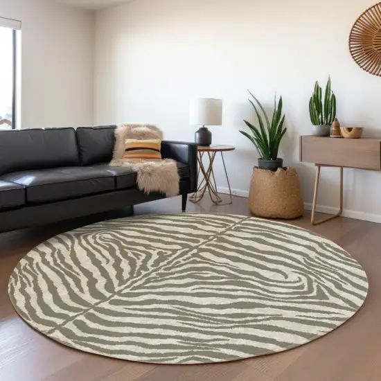 8' Taupe And Ivory Round Zebra Print Washable Indoor Outdoor Area Rug Photo 7