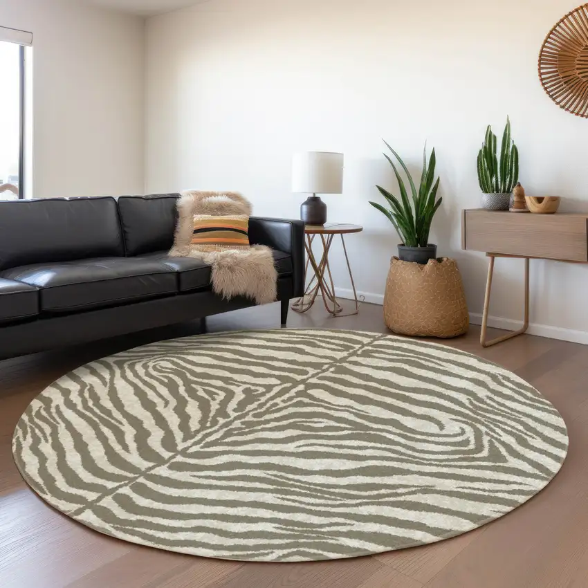 8' Taupe And Ivory Round Zebra Print Washable Indoor Outdoor Area Rug Photo 7