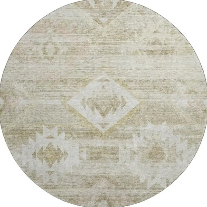8' Taupe And Ivory Southwestern Washable Round Rug With UV Protection Photo 4