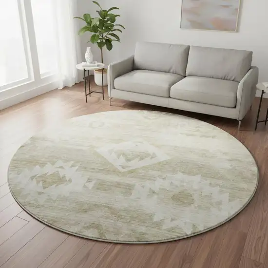 8' Taupe And Ivory Southwestern Washable Round Rug With UV Protection Photo 2