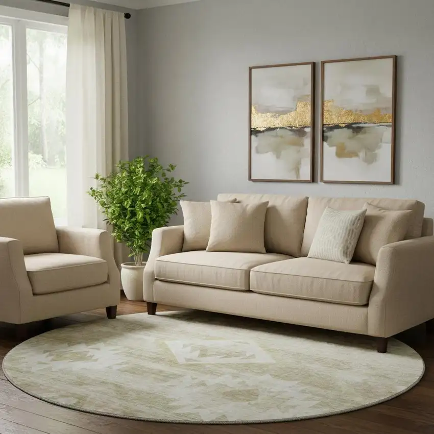 8' Taupe And Ivory Southwestern Washable Round Rug With UV Protection Photo 1