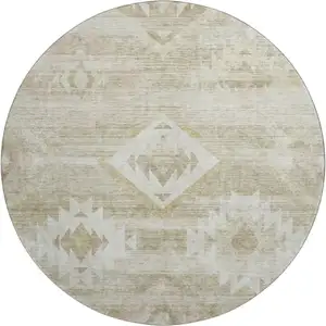 Photo of 8' Taupe And Ivory Southwestern Washable Round Rug With UV Protection