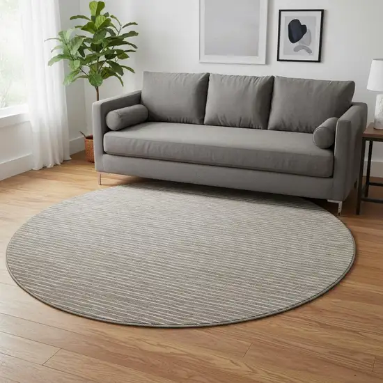 8' Taupe And Ivory Striped Washable Round Rug With UV Protection Photo 1