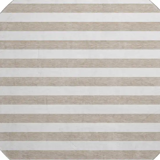 8' Taupe And Ivory Striped Washable Round Rug With UV Protection Photo 3