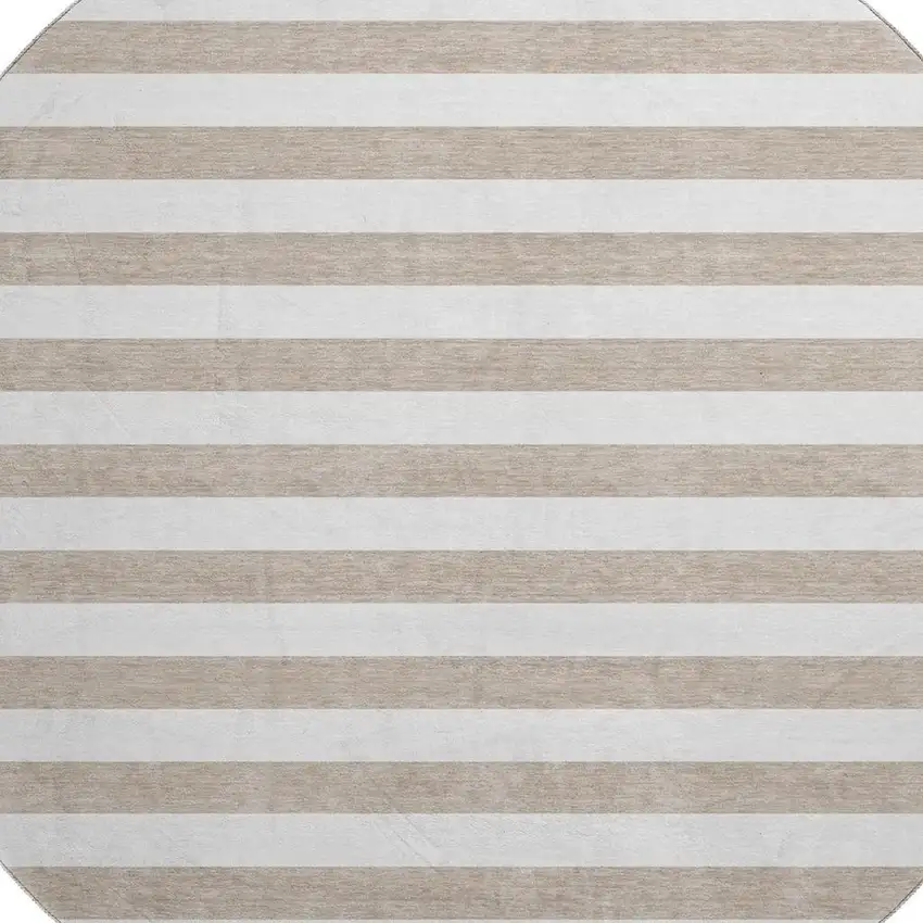 8' Taupe And Ivory Striped Washable Round Rug With UV Protection Photo 3