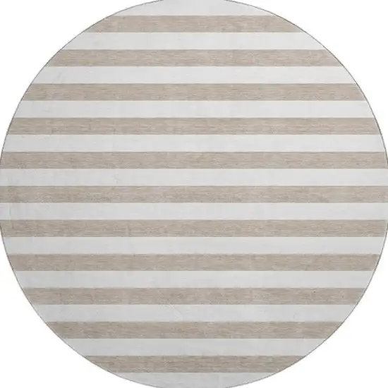 8' Taupe And Ivory Striped Washable Round Rug With UV Protection Photo 4