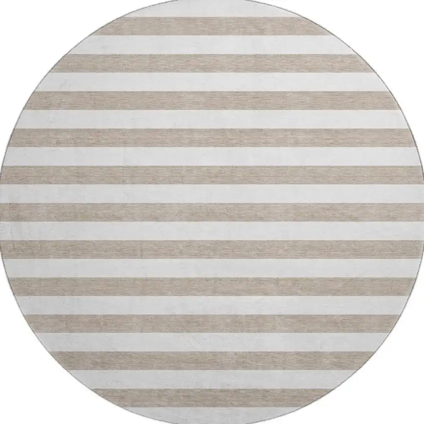 8' Taupe And Ivory Striped Washable Round Rug With UV Protection Photo 4