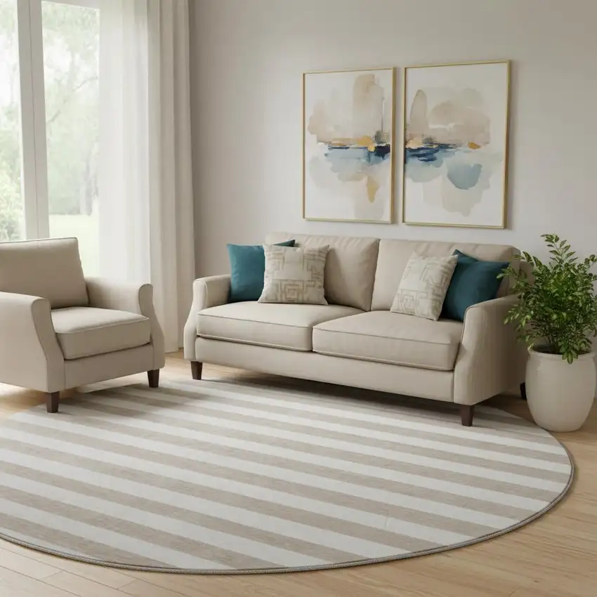 8' Taupe And Ivory Striped Washable Round Rug With UV Protection Photo 1