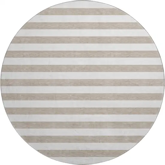 8' Taupe And Ivory Striped Washable Round Rug With UV Protection Photo 1