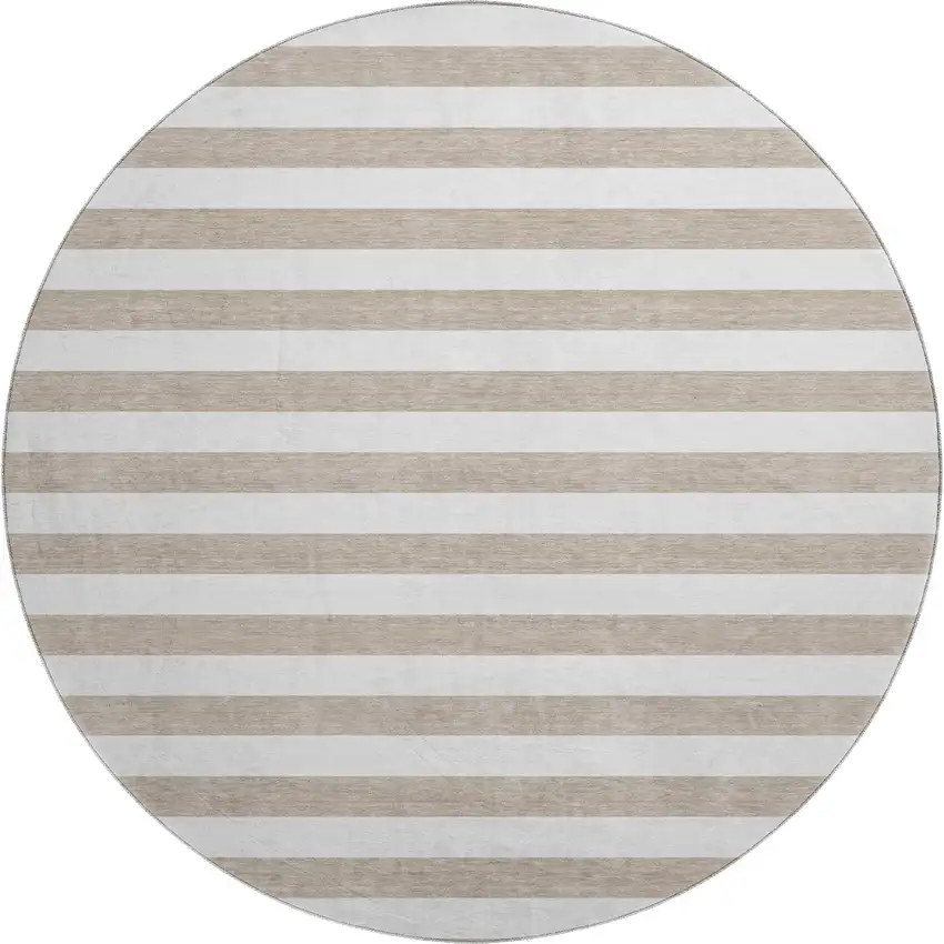 8' Taupe And Ivory Striped Washable Round Rug With UV Protection Photo 1