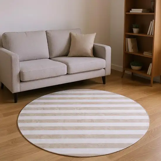 8' Taupe And Ivory Striped Washable Round Rug With UV Protection Photo 2