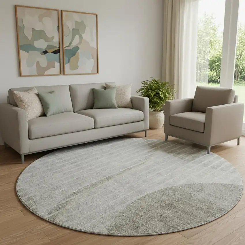 8' Taupe And Ivory Striped Washable Round Rug With UV Protection Photo 1