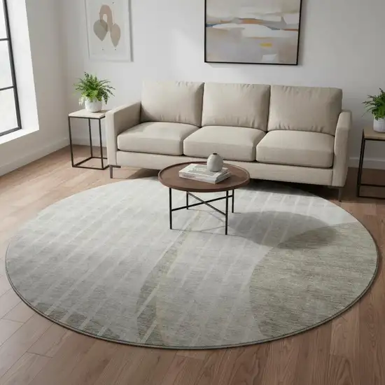 8' Taupe And Ivory Striped Washable Round Rug With UV Protection Photo 2