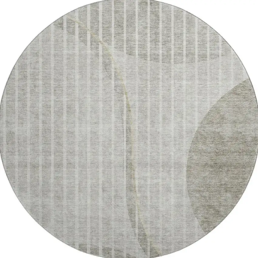 8' Taupe And Ivory Striped Washable Round Rug With UV Protection Photo 4
