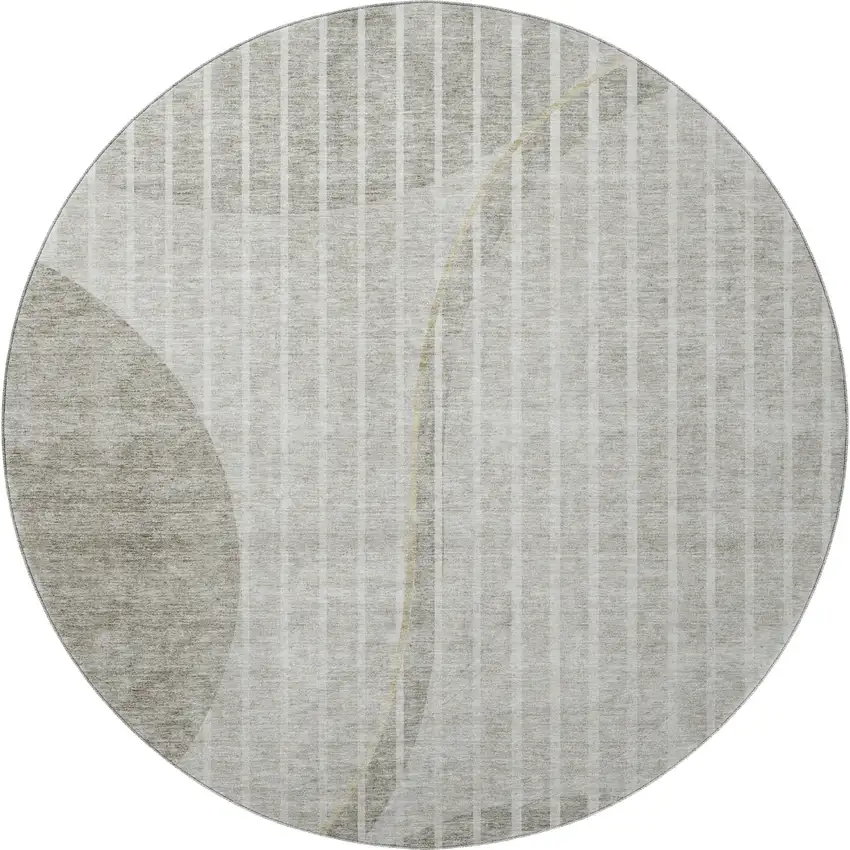 8' Taupe And Ivory Striped Washable Round Rug With UV Protection Photo 3