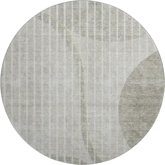 8' Taupe And Ivory Striped Washable Round Rug With UV Protection Photo 1