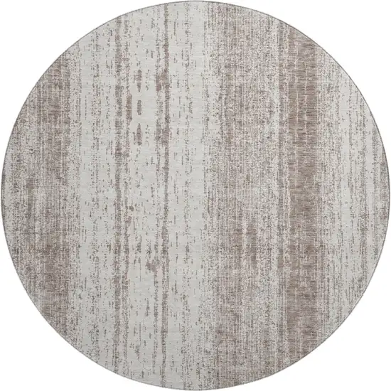 8' Taupe And Ivory Striped Washable Round Rug With UV Protection Photo 1