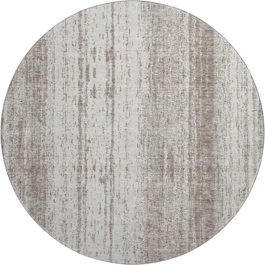 8' Taupe And Ivory Striped Washable Round Rug With UV Protection Photo 1