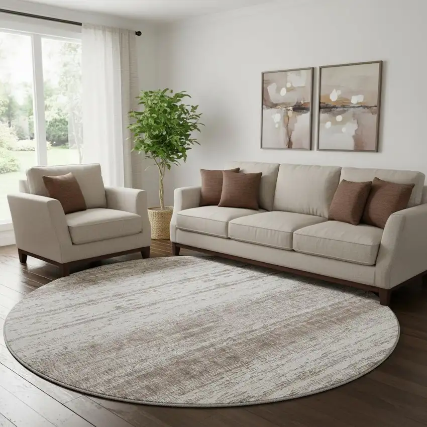 8' Taupe And Ivory Striped Washable Round Rug With UV Protection Photo 1