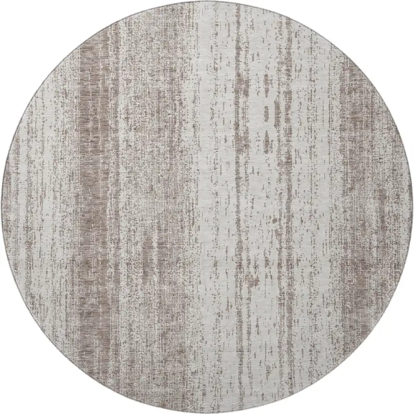 8' Taupe And Ivory Striped Washable Round Rug With UV Protection Photo 4