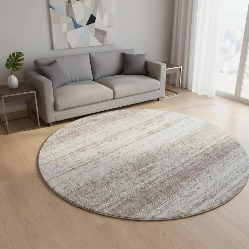 8' Taupe And Ivory Striped Washable Round Rug With UV Protection Photo 2
