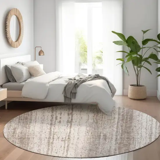 8' Taupe And Ivory Striped Washable Round Rug With UV Protection Photo 5