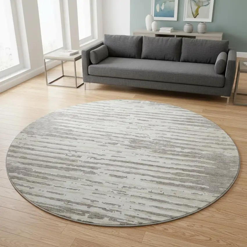 8' Taupe And Ivory Striped Washable Round Rug With UV Protection Photo 2