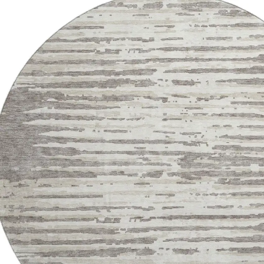 8' Taupe And Ivory Striped Washable Round Rug With UV Protection Photo 3