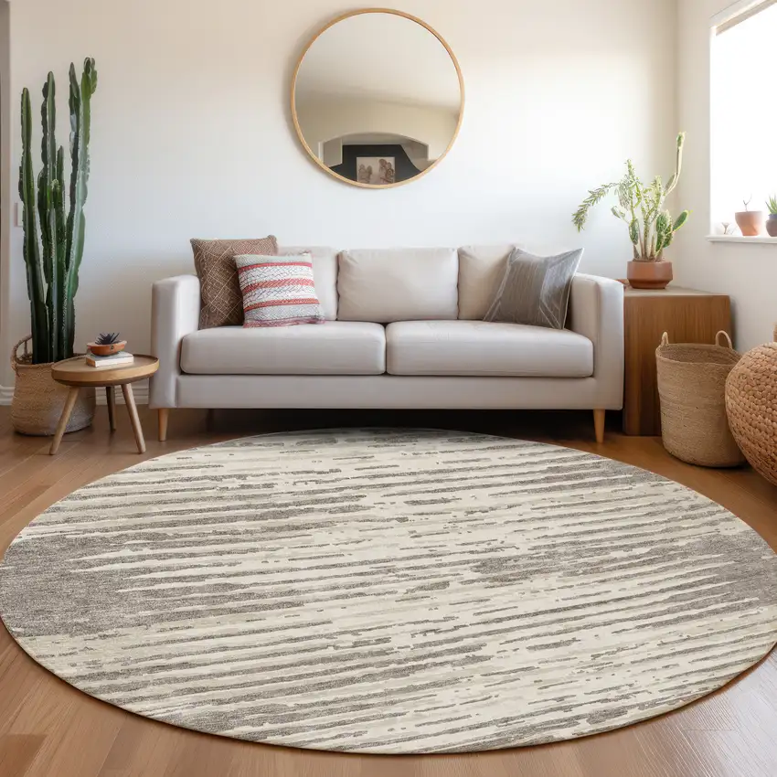 8' Taupe And Ivory Striped Washable Round Rug With UV Protection Photo 5