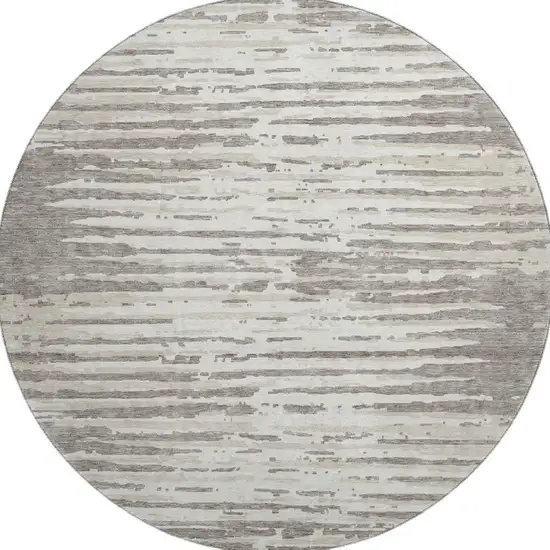 8' Taupe And Ivory Striped Washable Round Rug With UV Protection Photo 4
