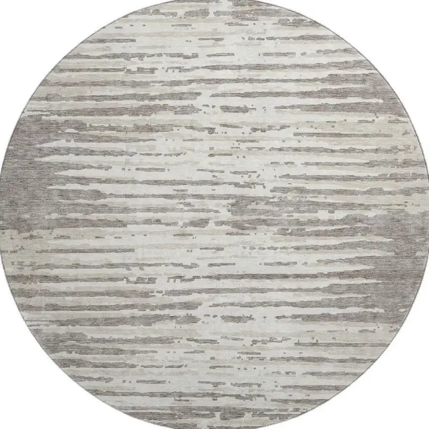 8' Taupe And Ivory Striped Washable Round Rug With UV Protection Photo 4