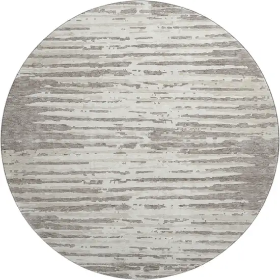 8' Taupe And Ivory Striped Washable Round Rug With UV Protection Photo 1