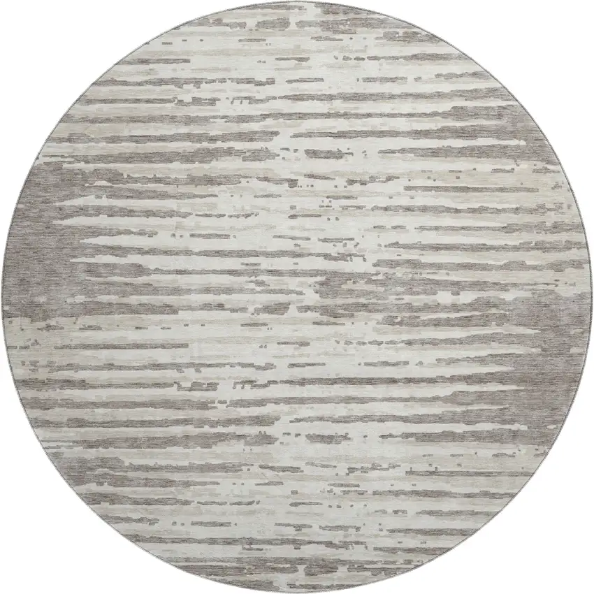8' Taupe And Ivory Striped Washable Round Rug With UV Protection Photo 1