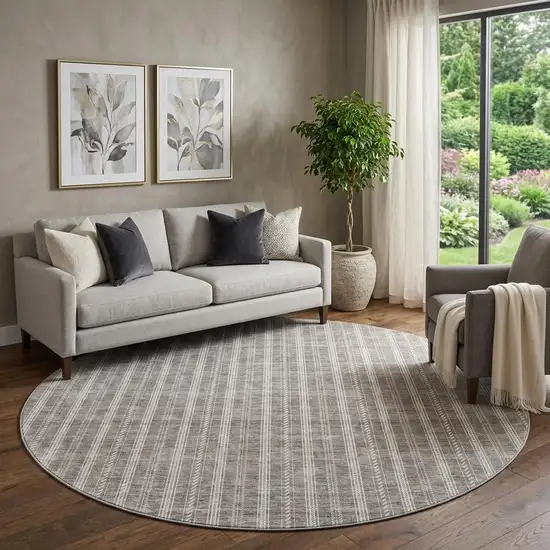 8' Taupe And Ivory Striped Washable Round Rug With UV Protection Photo 1