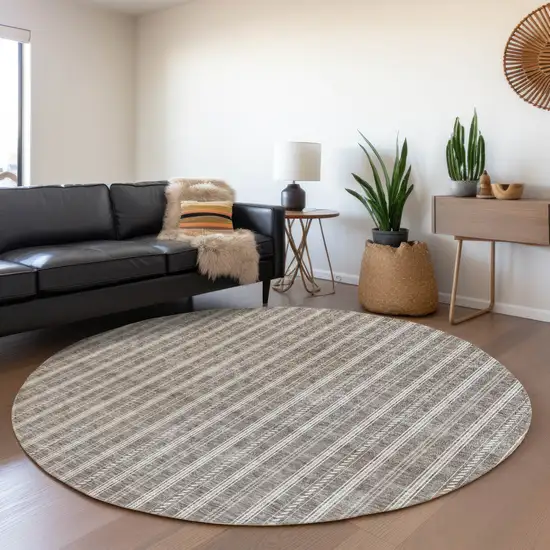 8' Taupe And Ivory Striped Washable Round Rug With UV Protection Photo 4
