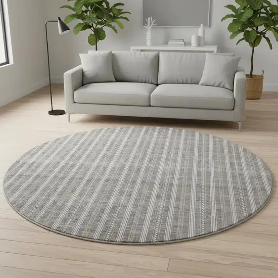 8' Taupe And Ivory Striped Washable Round Rug With UV Protection Photo 2