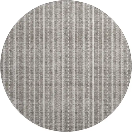 8' Taupe And Ivory Striped Washable Round Rug With UV Protection Photo 1