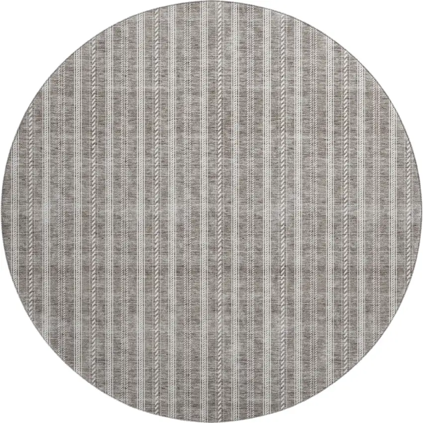 8' Taupe And Ivory Striped Washable Round Rug With UV Protection Photo 1