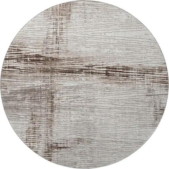 8' Taupe And Ivory Striped Washable Round Rug With UV Protection Photo 4