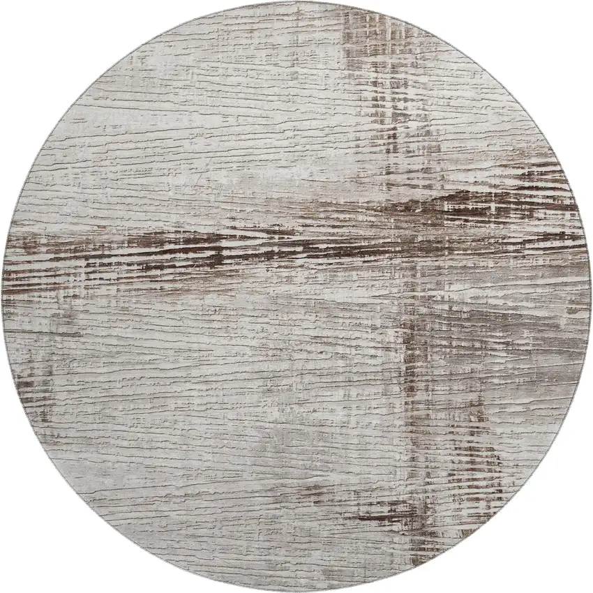 8' Taupe And Ivory Striped Washable Round Rug With UV Protection Photo 1