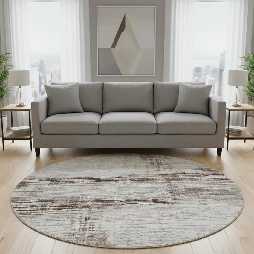 8' Taupe And Ivory Striped Washable Round Rug With UV Protection Photo 2