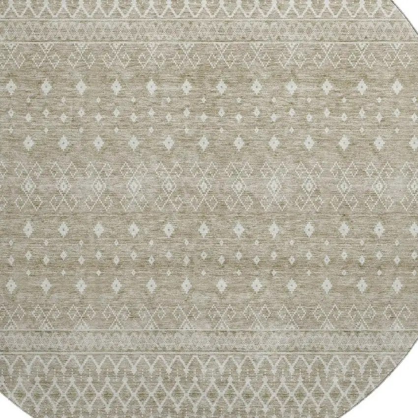 8' Taupe And Ivory Tribal Washable Round Rug With UV Protection Photo 5