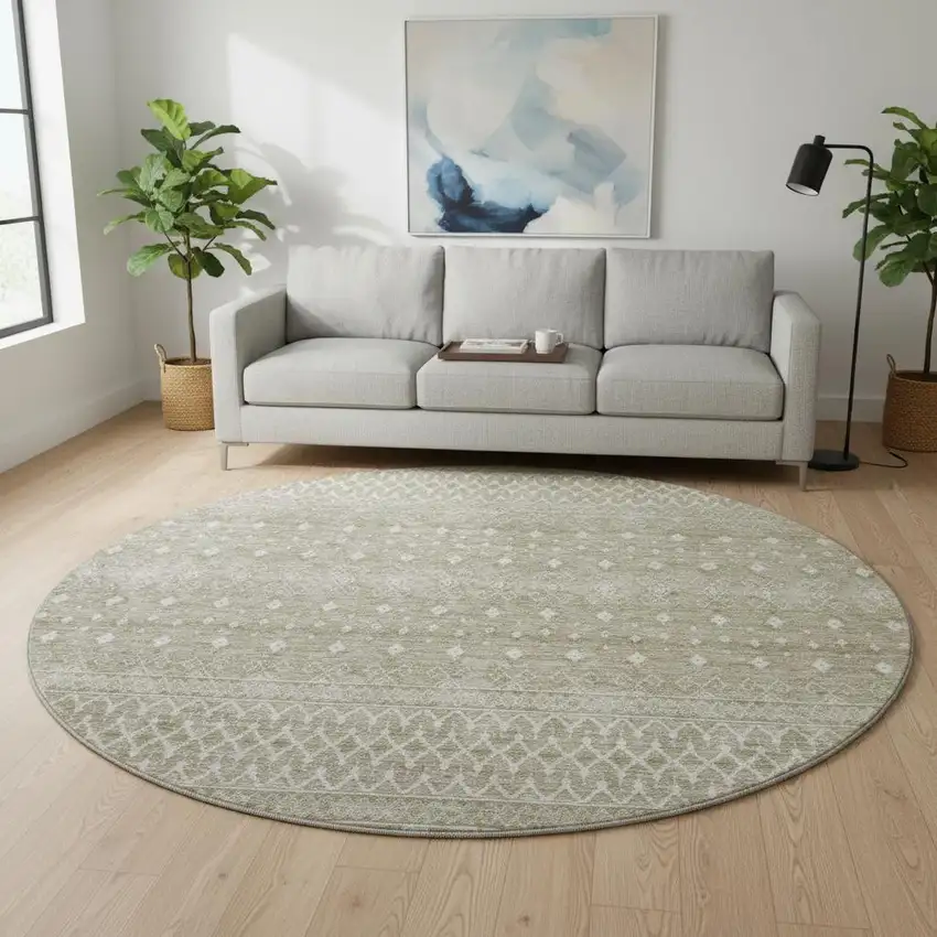 8' Taupe And Ivory Tribal Washable Round Rug With UV Protection Photo 2