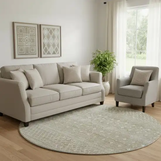8' Taupe And Ivory Tribal Washable Round Rug With UV Protection Photo 1
