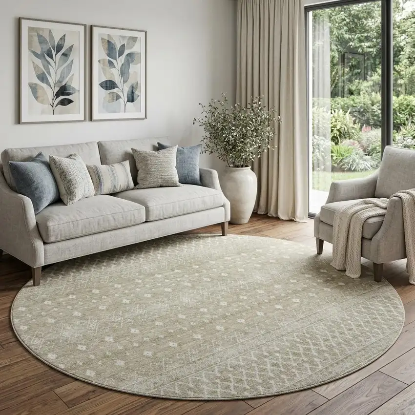 8' Taupe And Ivory Tribal Washable Round Rug With UV Protection Photo 1