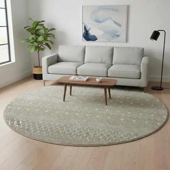 8' Taupe And Ivory Tribal Washable Round Rug With UV Protection Photo 3