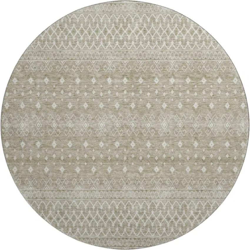 8' Taupe And Ivory Tribal Washable Round Rug With UV Protection Photo 1