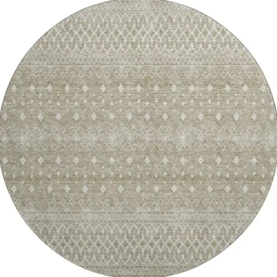 8' Taupe And Ivory Tribal Washable Round Rug With UV Protection Photo 4